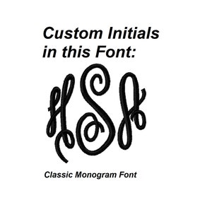 May include: A black and white monogram font with the letters "HSF" in a classic monogram style. The text "Custom Initials in this Font: Classic Monogram Font" is below the monogram.