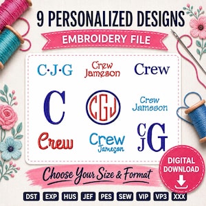 DESCARGA DIGITAL Archivos de diseño de bordado a máquina - Juego de 9 diseños personalizados de monogramas y nombres - Tamaño del bastidor 4x4 para bebé niño o niña