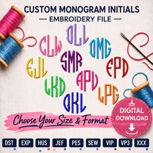 DIGITAL DOWNLOAD EMBROIDERY Design File - Custom Monogrammed Initials in Pictured Thin Circle Monogram Font - 4x4 and 5x7