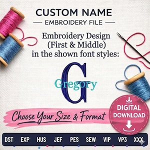DIGITAL DOWNLOAD EMBROIDERY Design File - Custom Name in Georgia Font over Initial in Background