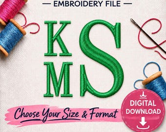 May include: Custom monogram initials embroidery file featuring green stitched letters K, S, and M. Includes spools of pink and blue thread, a needle, and text reading CUSTOM MONOGRAM INITIALS EMBROIDERY FILE, Choose Your Size & Format, and DIGITAL DOWNLOAD.