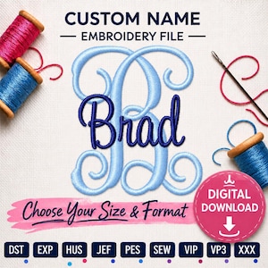 Custom Name Embroidery Design – Sweetheart Font, Vine Initial (Digital Download)