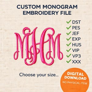 DIGITAL DOWNLOAD EMBROIDERY Design File - Custom Initials in Pictured Vine Monogram Font - Multiple Sizes Available