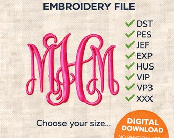 DIGITAL DOWNLOAD EMBROIDERY Design File - Custom Initials in Pictured Vine Monogram Font - Multiple Sizes Available