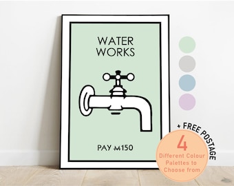 Water Works Monopoly Personalised Print | New Home, Gift, House, Minimalistic | Available In Different Colours Sizes A5, A4, A3 Custom