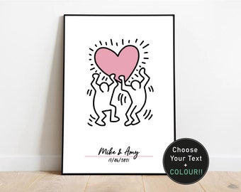 Impresión personalizada de arte pop de amor / Keith Haring, minimalista, regalo de boda, aniversario, compromiso / A5, A4, A3 personalizado