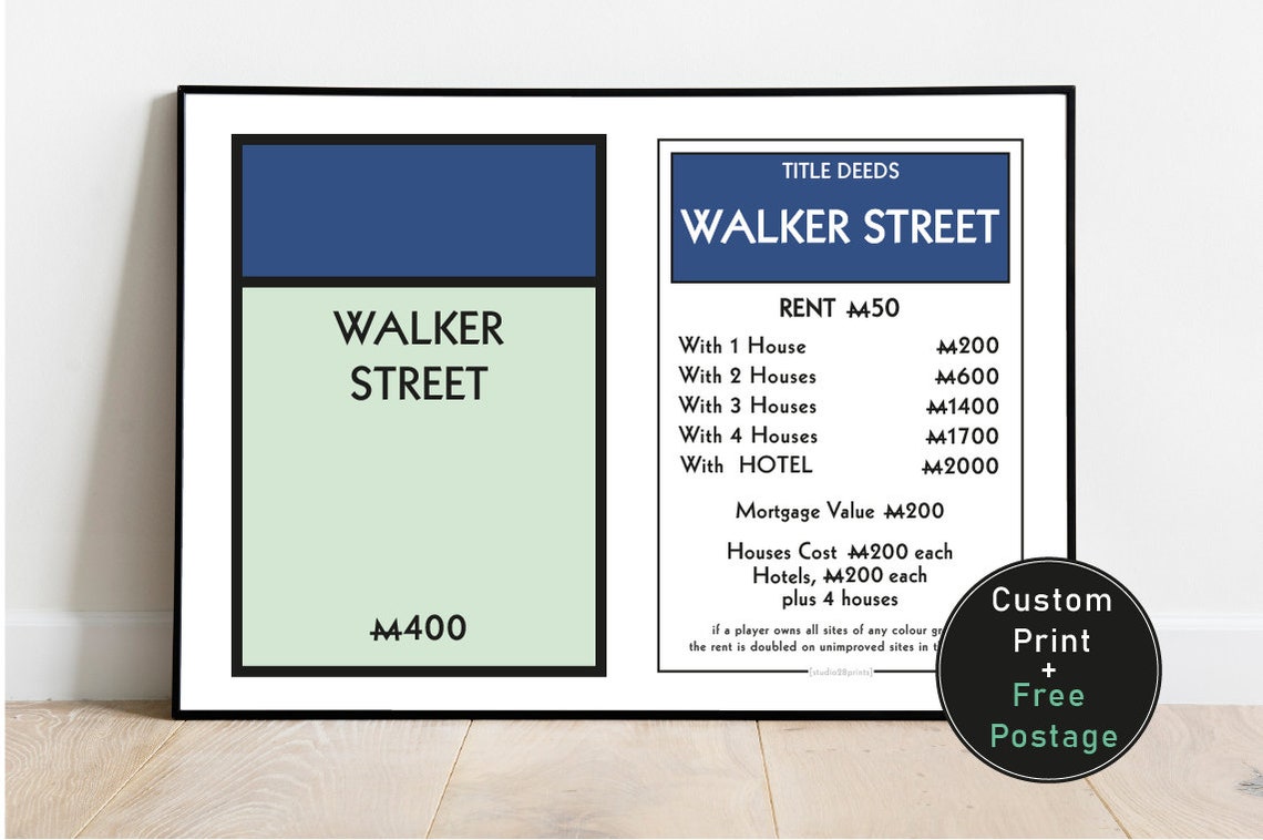 Personalised Monopoly Board &amp; Card Property Print New Home - Etsy UK