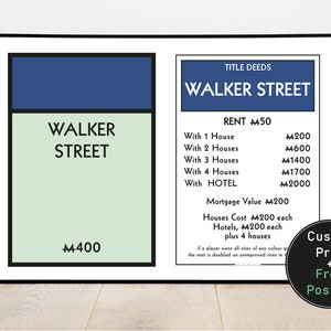 Gepersonaliseerde monopolybord en kaart eigendomsprint | Nieuw huis, cadeau, huis, minimalistisch | Verkrijgbaar in 8 kleuren, formaten A5, A4 en A3 (aangepast)