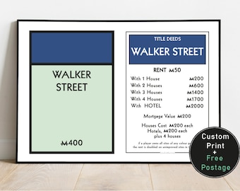 Personalised Monopoly Board & Card Property Print | New Home, Gift, House, Minimalistic | Available In 8 Colours Sizes A5, A4, A3 Custom