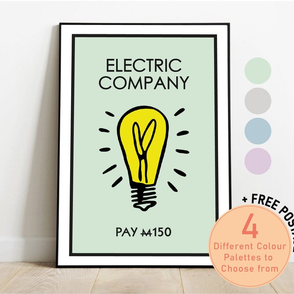 Electric Company Monopoly Personalised Print | New Home, Gift, House, Minimalistic | Available In Different Colours Sizes A5, A4, A3 Custom