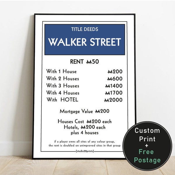 Personalised Monopoly Property Card Print | New Home, Gift, House, Minimalistic | Available In 8 Colours / Different Sizes A5, A4, A3 Custom