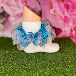 Girls Teal Terquoise Ruffle Satin Lace Trim Socks, Church, Party, Pageant socks, wedding, bridal, flower girl, baby socks, tutu socks