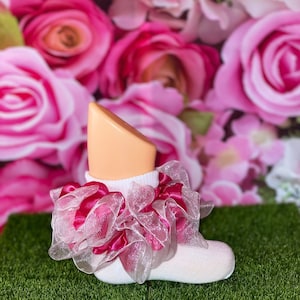 Girls Fuschia Pink White Ruffle Satin Lace Trim Socks, Church, Party, Pageant socks, wedding, bridal, flower girl, tutu socks, baby socks