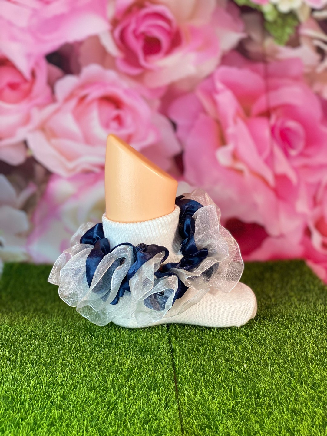 Girls Navy Blue White Ruffle Satin Lace Trim Socks, Church, Party ...