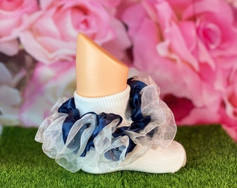 Girls Navy Blue White Ruffle Satin Lace Trim Socks, Church, Party, Pageant socks, wedding, bridal, flower girl, baby socks