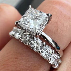 Princess Cut Moissanite Engagement Ring Set Bridal Set 14K Solid White ...