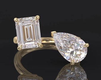 Toi Et Moi Ring Two Stone Ring 14K Yellow Gold Ring Wedding Ring Promise Ring Gift For Woman Emerald And Pear Moissanite Engagement Ring