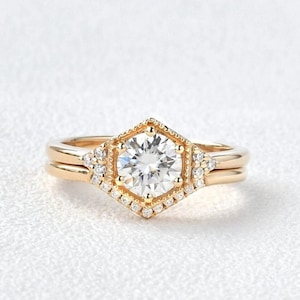 Round Cut Moissanite Engagement Ring Set 14K Yellow Gold Anniversary Ring Set Round Cut Wedding Ring Set Gift For Woman Promise Ring For Her