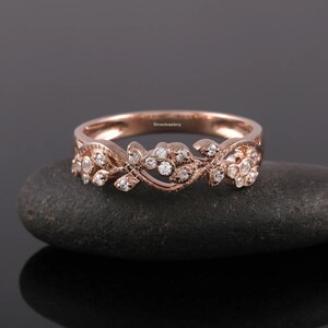 Round Moissanite Wedding Band Solid Gold Engagement Ring Nature Inspire Ring Anniversary Gift For Her Ring For Woman Unique Promise Ring