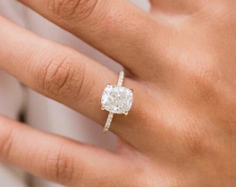 Cushion Cut Moissanite Engagement Ring 14K Yellow Gold Anniversary Ring Hidden Halo Wedding Ring Silver Promise Ring For Her Gift For Woman