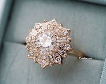 Round Moissanite Engagement Ring Cluster Ring Starburst Ring Flower Ring 14K Yellow Gold Ring Wedding Ring Anniversary Ring Promise Ring