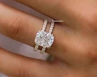 Cushion Cut Moissanite Engagement Ring 14K Yellow Gold Anniversary Ring Two Band Ring Hidden Halo Wedding Ring Promise Ring Gift For Her