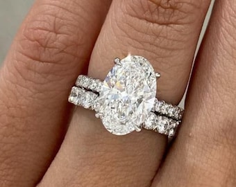 3 CT Oval Cut Moissanite Wedding Ring Set 14K White Gold Engagement Ring Set Anniversary Ring Set For Woman Hidden Halo Ring Gift For Her