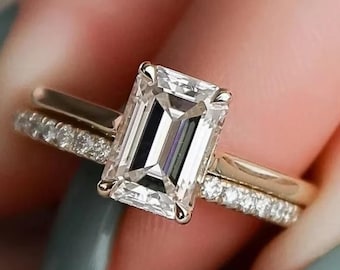 2,5 kt smaragd geslepen moissanite trouwringset, 10k/14k gouden ring, art-deco bijpassende band, moissanite verlovingsringset, vintage bruidsset