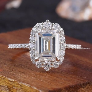 14k Solid Gold Halo Ring Emerald Cut Moissanite Engagement Ring Wedding Ring Anniversary Ring Diamond Bridal Ring Promise Ring Gift For Her