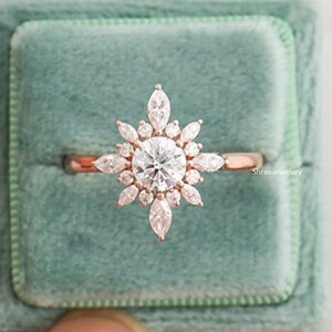 Round Moissanite Engagement Ring 14K Rose Gold Anniversary Ring Halo Ring Starburst Ring Promise Ring For Woman Anniversary Gift For Her