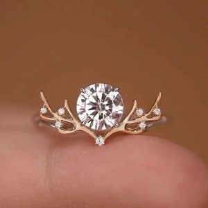 Antlers of deer Ring Unique Art Deco Ring Promise Ring For Her Round Moissanite Ring Engagement Ring Wedding Anniversary Ring Gift For Woman