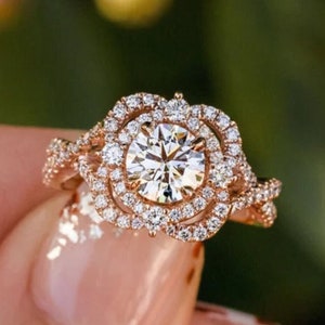 Round Cut Moissanite Engagement Ring  14K Yellow Gold Anniversary Ring Double Halo Wedding Ring Unique Promise Ring Anniversary Gift For Her