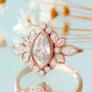 Marquise Cut Moissanite Engagement Ring 14K Rose Gold Wedding Ring Halo Anniversary Ring Anniversary Gift For Her Promise Ring For Woman