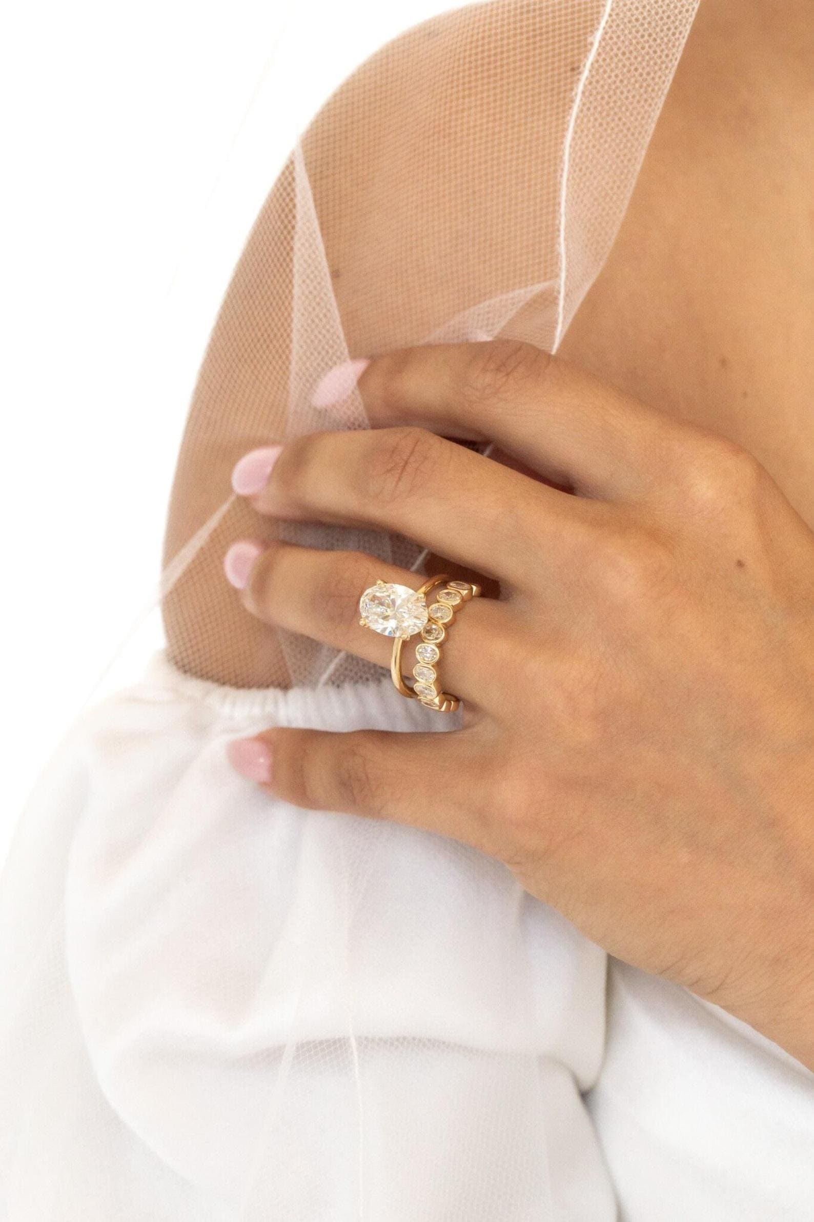 14k Solid Gold Bezel Set Oval Cut Moissanite Wedding Band, Unique Gold ...