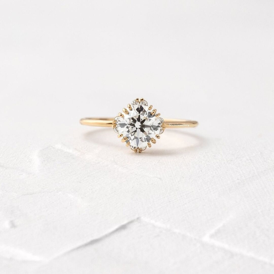 Round Cut Moissanite Engagement Ring 14K Yellow Gold Ring Wedding Ring ...