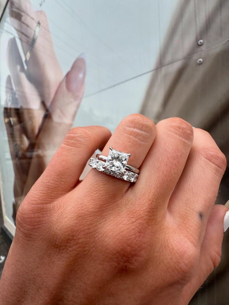 Princess Cut Moissanite Engagement Ring Set Bridal Set 14K Solid White ...