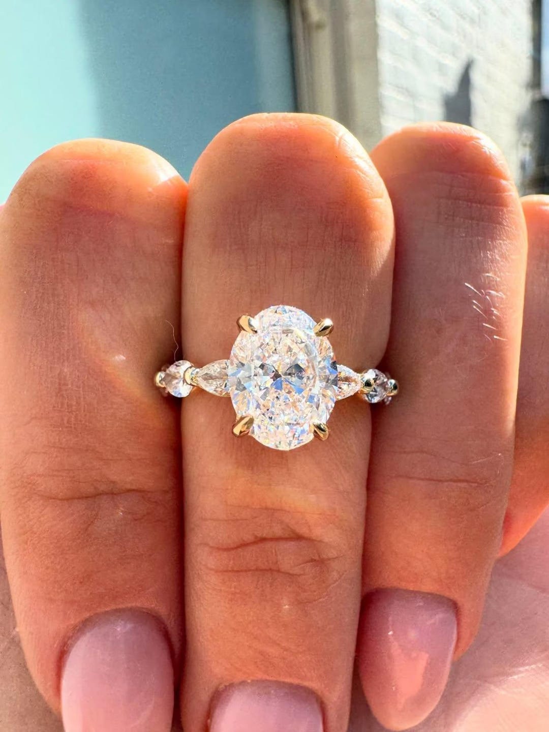Oval Moissanite Engagement Ring Solid 14k Yellow Gold Pear Cut Side ...
