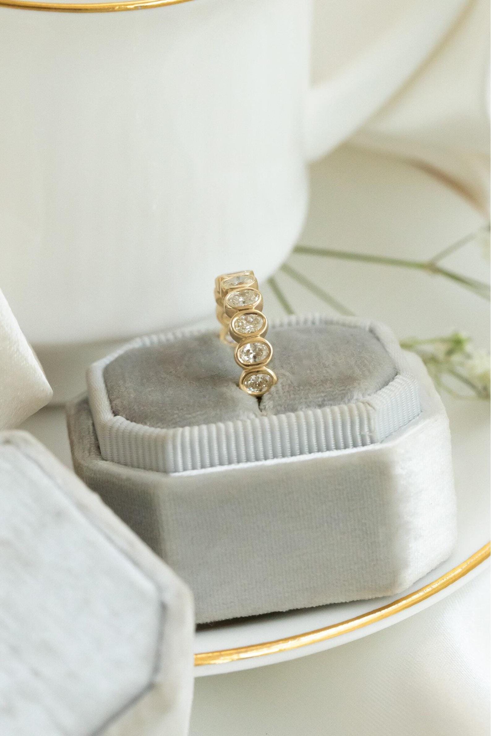 14k Solid Gold Bezel Set Oval Cut Moissanite Wedding Band, Unique Gold ...