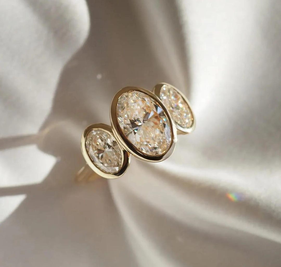 3 CT Oval Cut Moissanite Bezel Set Engagement Ring 14k Solid Gold Oval ...