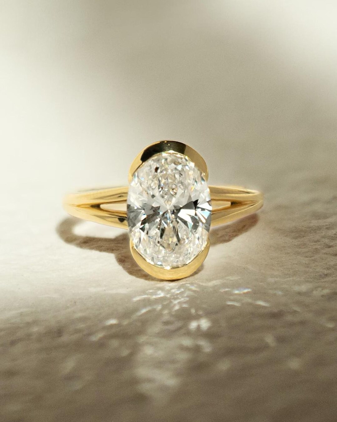 Oval Cut Moissanite Engagement Ring Solid 14k Yellow Gold Bezel Wedding ...