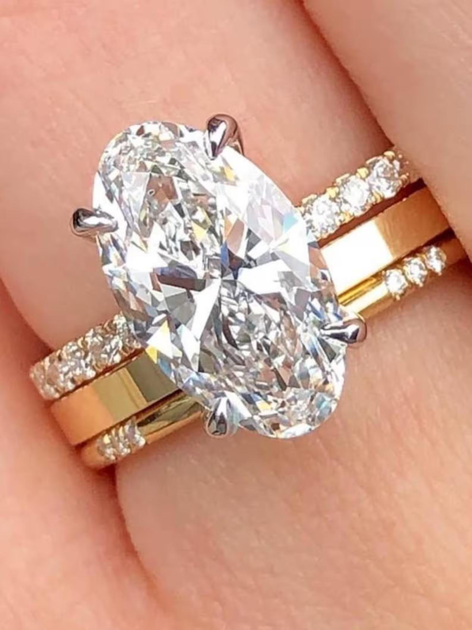 Oval Cut Moissanite Engagement Ring Set 14k Solid Gold, Three Ring ...