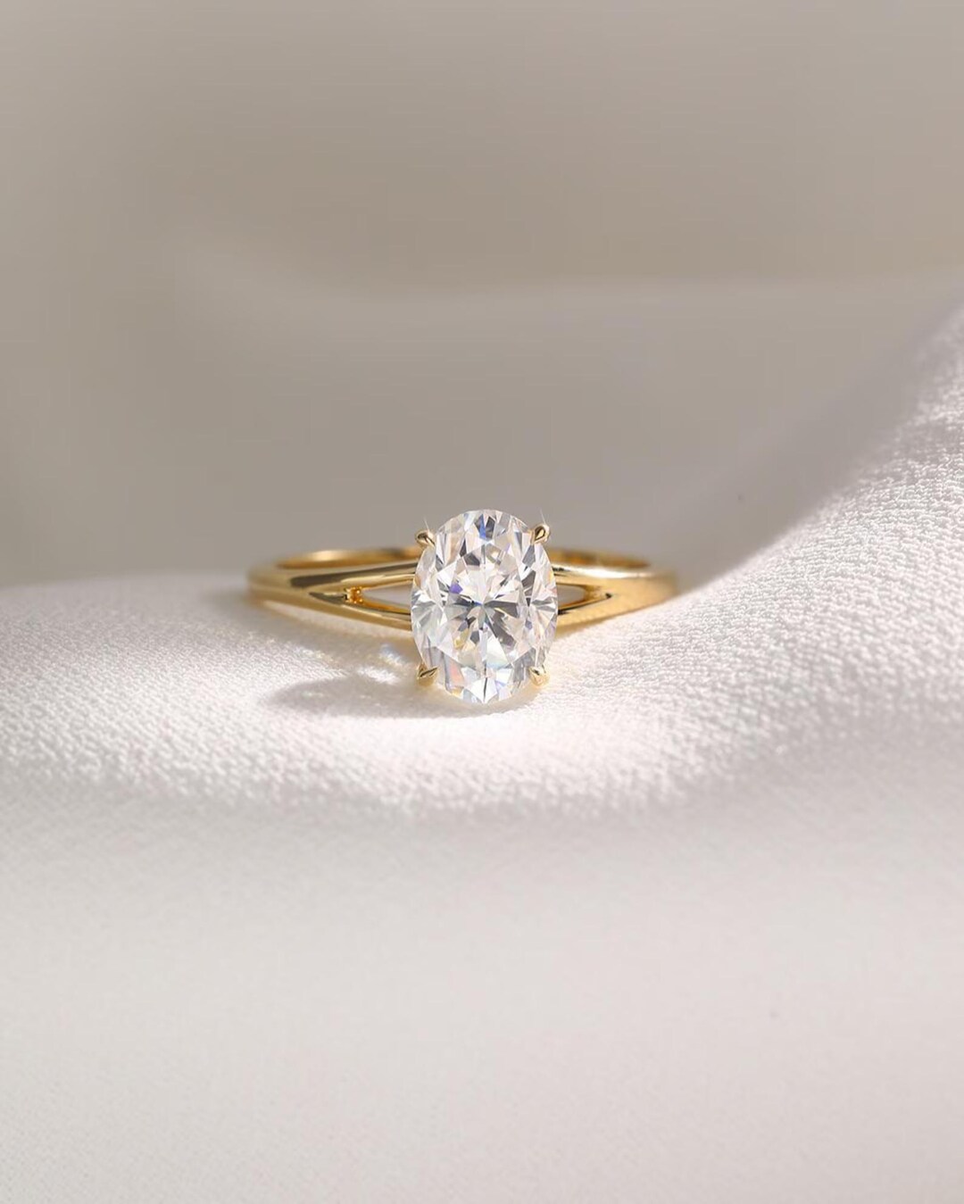 Oval Moissanite Engagement Ring Solid 14k Yellow Gold Split Shank Ring ...