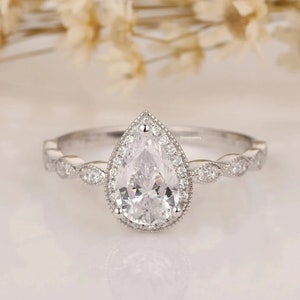 Pear Cut Moissanite Engagement Ring 14K White Gold Ring Anniversary Ring Halo Wedding Ring Promise Ring Gift For Her Diamond Ring For Woman
