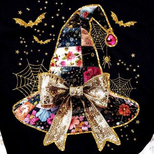 May include: Black t-shirt with a witch hat design. The hat has a patchwork pattern with floral details and a gold bow. Gold bats, spiderwebs, and stars are also featured. The text "ONLY PNG 300 DPI" is at the bottom. A Halloween-themed design.