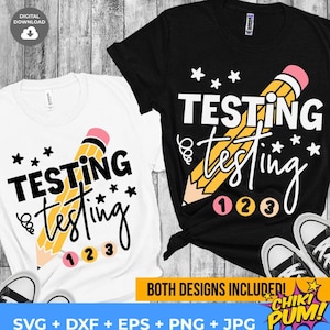 Può includere: Due magliette bianche con un disegno di matita gialla e il testo "TESTING testing 1 2 3". Una maglietta è nera con lo stesso design.