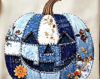 Denim Patchwork Pumpkin PNG: Halloween Preppy Mom Png, Ready to print PNG 300dpi cut file  Cricut/Silhouette, Sublimation-DTF printing