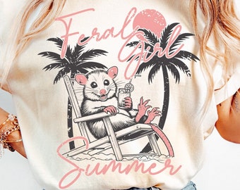 Feral Girl Summer Opossum PNG: Beach Shirt Design Sublimation DTF (Digital Download)
