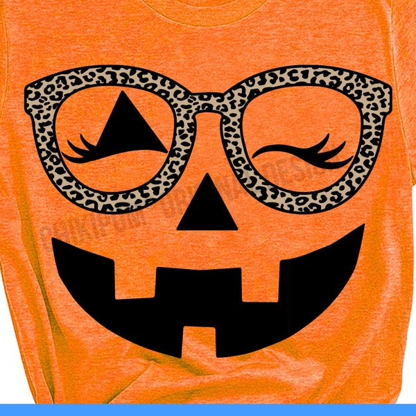 Pumpkin Face with glasses SVG, Halloween SVG, Fall Halloween Svg Png, Cute Pumpkin Face Svg, Pumpkin eyelashes svg, leopard glasses svg