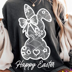 Witte kant konijn strik png, paasshirt png, kant strik konijntje, vrolijk Pasen, lente png, kant paascoquette png, trendy Pasen png