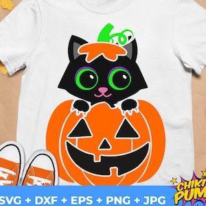 Cat in Halloween pumpkin svg, Funny Halloween cut file, Cute black cat, Autumn Kids shirt, Silhouette Cricut